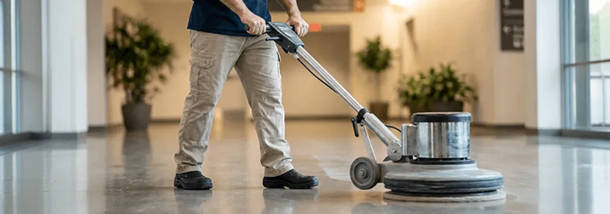 Professional technician using an industrial floor buffer to polish and maintain shiny commercial flooring in a corporate hallway in Richmond, VA.