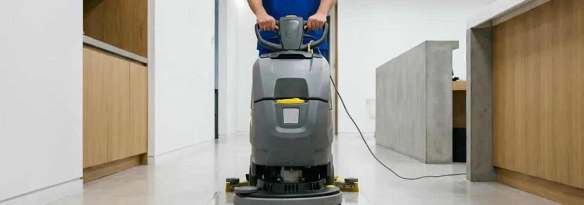 Janitorial staff using a floor scrubber machine to clean a commercial hallway, Richmond, VA.